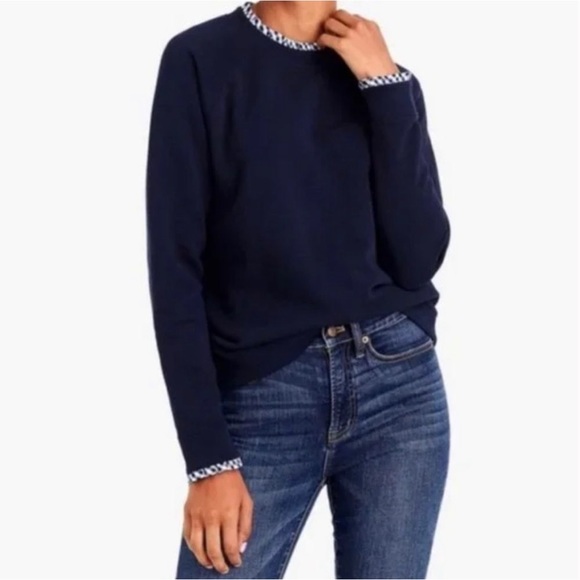 J. Crew Mercantile Navy Gingham Collar Trim Sweatshirt Zip Popover | Small - Picture 1 of 8